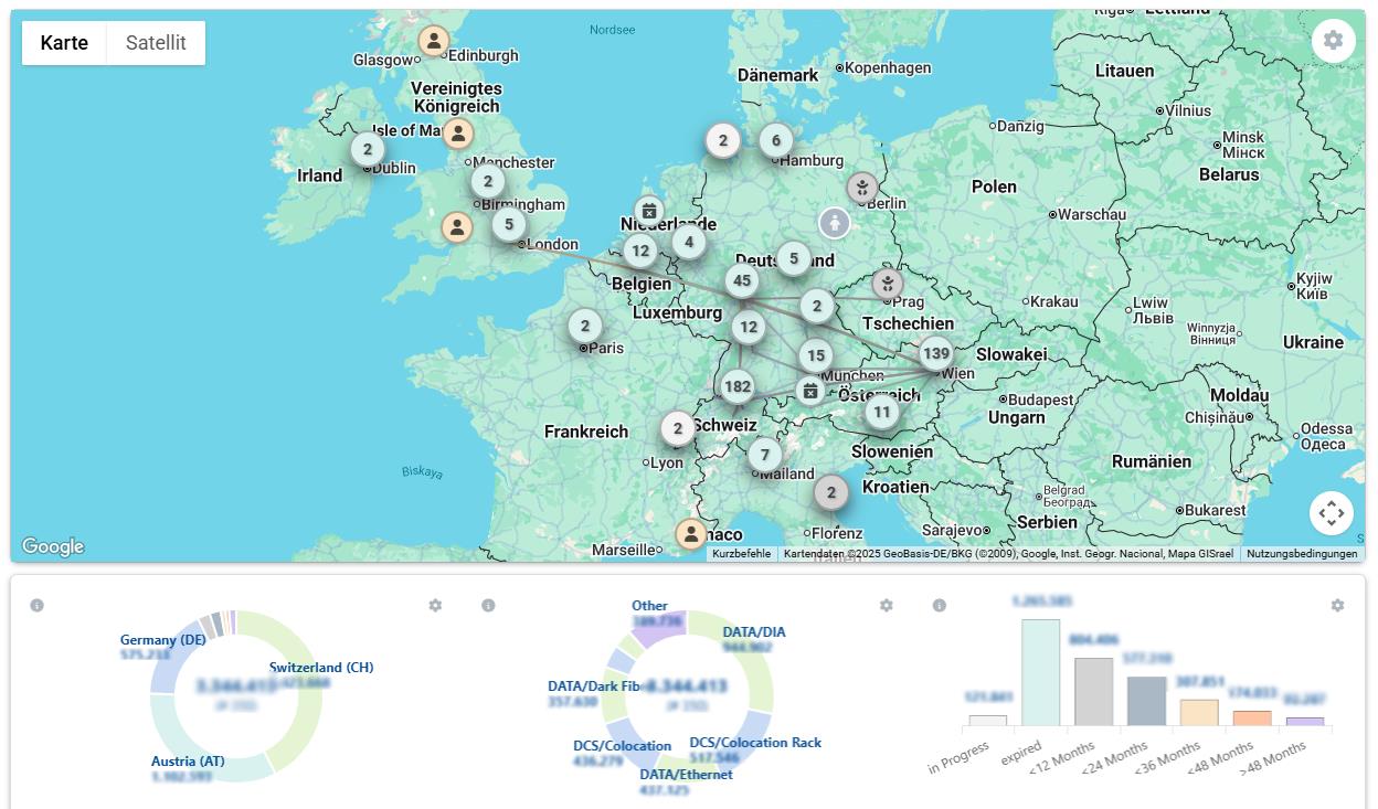TRACS Service Map Screenshot - Georeferenzierte Darstellung aller Telekommunikations-Services
